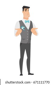 Confused caucasian bridegroom shrugging shoulders. Full length of young doubtful bridegroom gesturing hands and shrugging his shoulders. Vector flat design illustration isolated on white background.