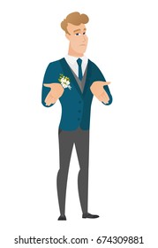 Confused caucasian bridegroom shrugging shoulders. Full length of young doubtful bridegroom gesturing hands and shrugging his shoulders. Vector flat design illustration isolated on white background.