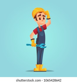 Confused caucasian builder with adjustable wrench Full length of confused worker with helmet. Error 404 mistake question concept vector illustration cartoon eps10