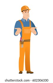 Confused caucasian builder shrugging his shoulders. Full length of doubtful young builder gesturing hands and shrugging his shoulders. Vector flat design illustration isolated on white background.