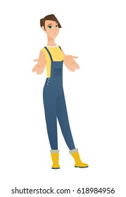 Confused caucasian farmer in coveralls shrugging her shoulders. Full length of doubtful farmer gesturing hands and shrugging shoulders. Vector flat design illustration isolated on white background.
