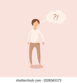Confused character. Person thinking and solving problems. Uncertain man searching answers. Pensive, puzzled women and with thoughtful expression