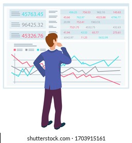 Confused character at work vector, man wearing formal clothes looking at charts on boards. Numeric data and information, businessman boss leader working. Business education