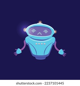 Confused chatbot character, flat vector illustration isolated on dark background. Symbol of error or mistake in mobile app or website. Cute customer support virtual bot.