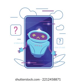 Confused chatbot on mobile phone screen, flat vector illustration isolated on white background. Cute cartoon character of robot. Concepts of error and problem.