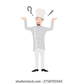 Confused chef shrugging shoulders with question marks vector illustration