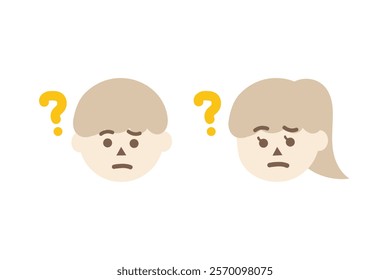 Confused child boy and girl head with question mark. Facial expression, feeling, trouble, solution concepts. Flat people character vector design isolated illustration.