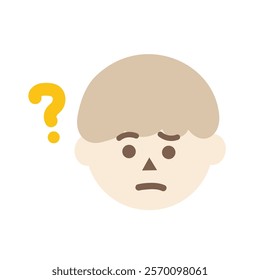 Confused child boy head with question mark. Facial expression, feeling, trouble, solution concepts. Flat character vector design isolated illustration.