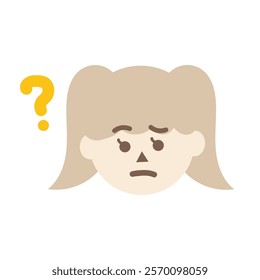 Confused child girl head with question mark. Facial expression, feeling, trouble, solution concepts. Flat character vector design isolated illustration.