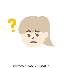 Confused child girl head with question mark. Facial expression, feeling, trouble, solution concepts. Flat character vector design isolated illustration.