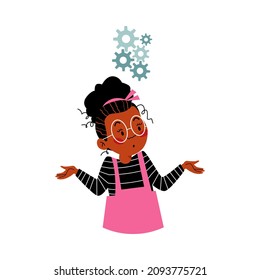 Confused child girl tries to find solution with gears over head, flat vector illustration isolated on white background. Curious cartoon character of school student. Concept of education.