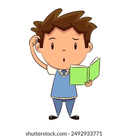 Confused child reading book scratching head, schoolboy