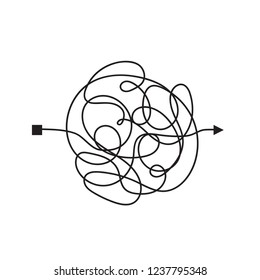 Confused and complicated way with scribbled path as chaos concept illustration. Confusing vector line illustrating the way of difficult problem solusion