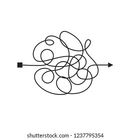 Confused and complicated way with scribbled path as chaos concept illustration. Confusing vector line illustrating the way of difficult problem solusion