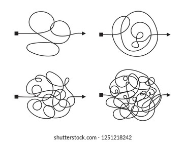 Forma confusa y complicada con el camino garabateado como ilustración conceptual del caos. Línea vectorial confusa que ilustra la manera de solucionar problemas difíciles