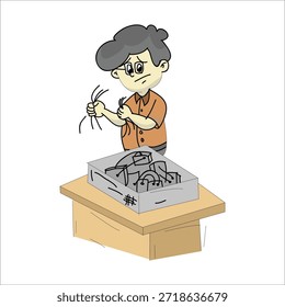 Técnico de computador confuso segurando fios confusos e ilustração do vetor da motherboard