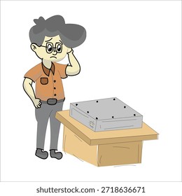 Cabeça de arranhão de técnico de computador confusa olhando para a ilustração vetorial do PC