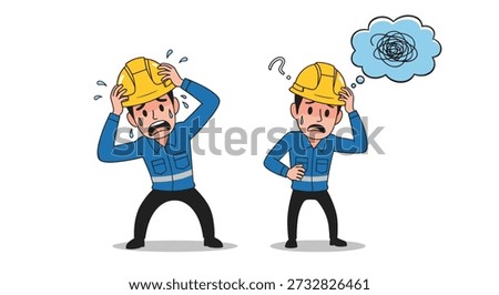 Confused construction workers in blue uniforms and yellow hard hats showing signs of stress and uncertainty at work site.