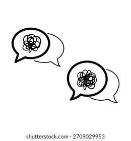 Iconos confusos de la línea de la burbuja de conversación que representan un malentendido o estrés de salud mental