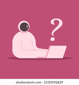 Confused cosmonaut in doubt, uncertainty. Choice, dilemma, decision making concept. Decision, choosing between options, asking questions, requests. Flat vector illustration.