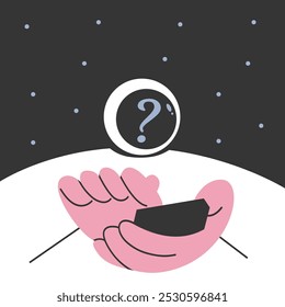 Confused cosmonaut in space in doubt, uncertainty. Choice, dilemma, decision making concept. Decision, choosing between options, asking questions, requests. Flat vector illustration.