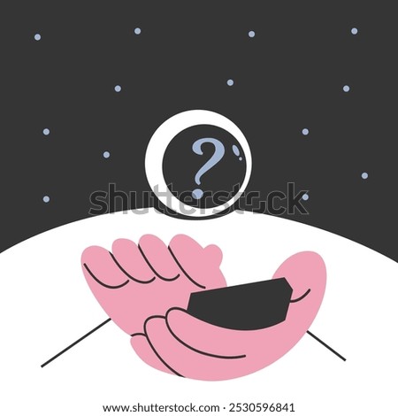 Confused cosmonaut in space in doubt, uncertainty. Choice, dilemma, decision making concept. Decision, choosing between options, asking questions, requests. Flat vector illustration.
