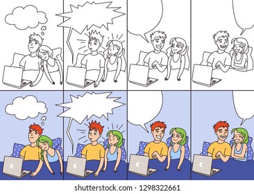 Confused couple color, monochrome collage vector illustration. Girl and boy with empty comic speech bubble cartoon characters. Woman and man staring at laptop. Coloring book stylized outline drawing