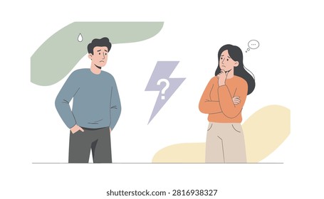 Confused couple dealing with relationship problems, represented by lightning bolt with question mark between them.
