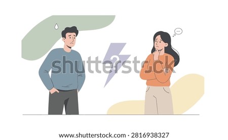 Confused couple dealing with relationship problems, represented by lightning bolt with question mark between them.
