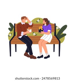 Confused couple exchanges gifts together. Shy friends presents giftboxes to each other in park. Excited people give holidays' surprises outdoor. Flat isolated vector illustration on white background