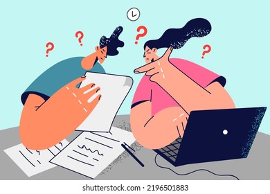 Confused Couple Manage Document Pay Bills Online On Computer. Frustrated Man And Woman Consider Paperwork Sitting At Table. Vector Illustration. 