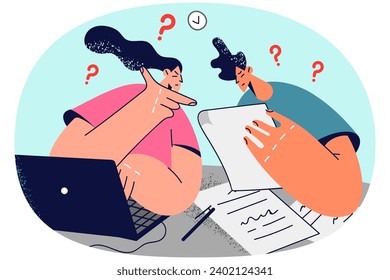 Confused couple manage document pay bills online on computer. Frustrated man and woman consider paperwork sitting at table. Vector illustration.