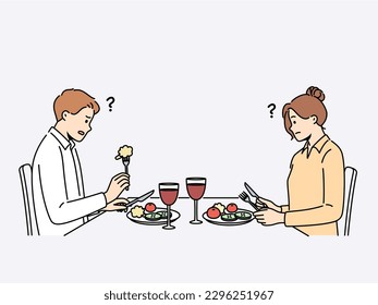 Confused couple sit at table in restaurant eating bad meal at dinner. Distressed man and woman dissatisfied with food in cafe. Vector illustration. 