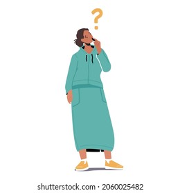 Confused or Curious Female Character Stand Under Question Mark. Girl Asking and Thinking, Solving Problem Searching Solution and Info. Doubts and Confusion Concept. Cartoon Vector Illustration