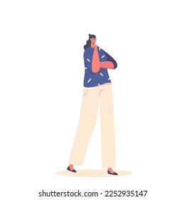 Confused or Curious Female Character Standing Isolated on White Background. Girl Thinking, Solving Problem Searching Solution and Info. Doubts and Confusion Concept. Cartoon Vector Illustration