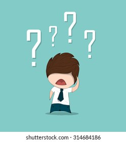 Confused cute business man with question marks above his head, drawing by hand vector