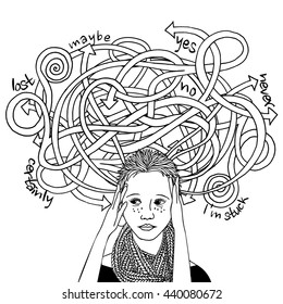 Confused decision making girl, black and white ink illustration