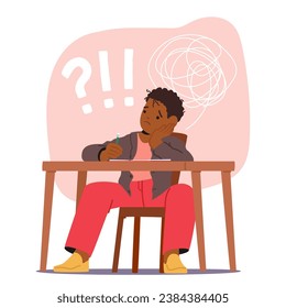 Confused Despondent Child, Buried In Homework, Wrestles With Stress And Weight Of Expectations, his Frown Reflecting The Burden Of Academics. Tired Sad African Boy at Desk. Cartoon Vector Illustration