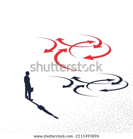 Confused direction black silhouette. Confusion concept. Vector illustration isometric minimal design. Isolated on white background. Businessman faces a lot of arrows, road signs. Problem way.