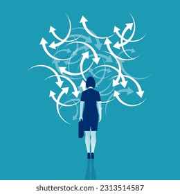 Confused direction. Confusion concept. Vector illustration flat design. Isolated on white background. Businesswoman faces a lot of arrows, road signs. Problem way.