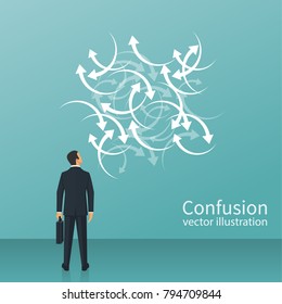 Confused direction. Confusion concept. Vector illustration flat design. Isolated on white background. Businessman faces a lot of arrows, road signs. Problem way. 