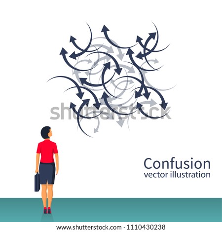 Confused direction. Confusion concept. Vector illustration flat design. Isolated on white background. Businesswoman faces a lot of arrows, road signs. Problem way.