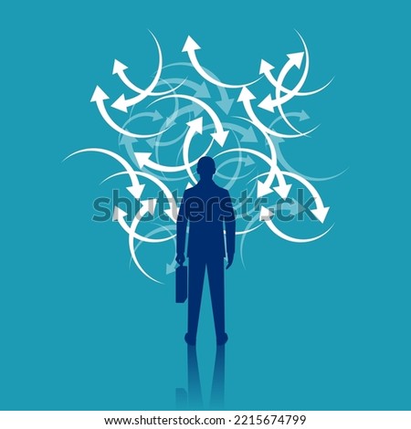 Confused direction. Confusion concept. Vector illustration flat design. Isolated on background. Businessman faces a lot of arrows, road signs. Problem way.