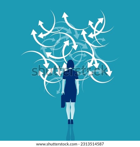 Confused direction. Confusion concept. Vector illustration flat design. Isolated on white background. Businesswoman faces a lot of arrows, road signs. Problem way.