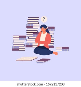 Confused and displeased girl woman reading book and has a questions. Speech bubble above with question mark. cartoon hand drawn style flat vector design character vector illustration.