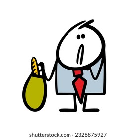 Confused, dissatisfied man in a business suit and tie holds a bag of groceries. Vector illustration of a customer in a store. Doodle cartoon stick man character isolated on white background. 