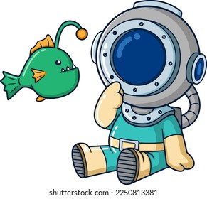 The confused diver observes the angler fish of illustration