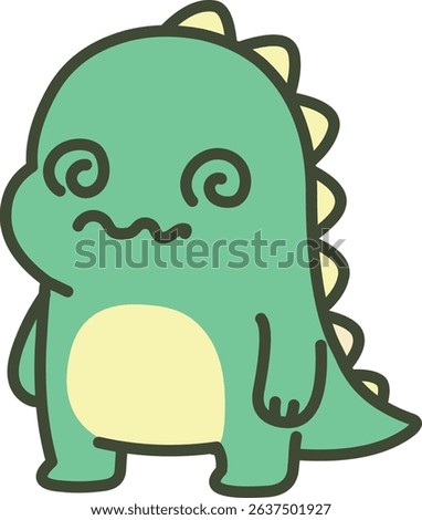 Confused and dizzy cute green dinosaur with swirly eyes and wobbly mouth