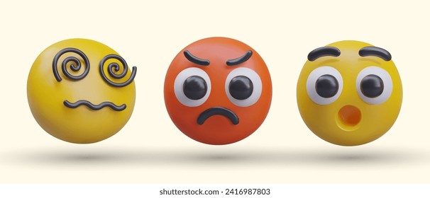 Verwirrtes, schwindeliges Gesicht, rot mit Wut, schockierter Charakter. Set von isolierten Emoticons, um menschliche Reaktionen zu zeigen. Kreative Illustrationen für Online-Kommunikation