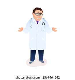 Confused doctor character with outstretched arms shrugging shoulders on white background. Cartoon young puzzled therapist in white coat doesn't know right diagnosis. Flat medical vector illustration.